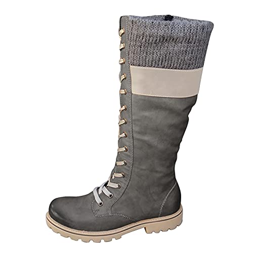 Leder Stiefel Damen Schwarz kniehoch Braun 42 Flach Beige Gefüttert Winterstiefel Winterschuhe Flach Stiefel Boots Schuhe Winterboots Schneeschuhe Klassische Schneestiefel Schnürstiefel Arbeitsstiefel von Alueeu