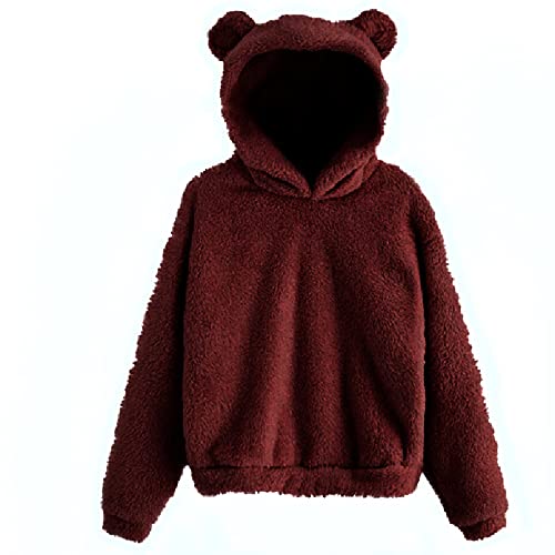 Plüsch Hoodie Damen Plüsch Pulli Damen Hoodie Rosa Mit Ohren Flauschig Warm Kapuze Damen Pullover mit Kapuze Einfarbig Pulli Teddy Fleecepulli Damen Teddy Fleece Kapuzenpullover von Alueeu