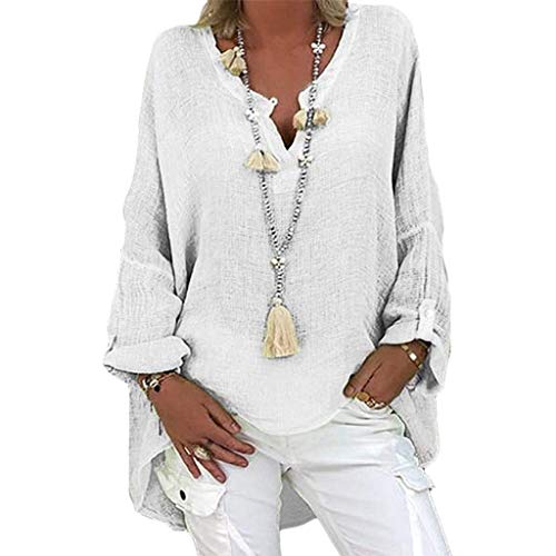 Pullover Leinenbluse Damen V-Ausschnitt Große Größen Longbluse Damen Langarmshirt Leinen Baumwolle Hemd Oberteile Einfarbig Shirt Leinen Blusenshirt Lange Lässiges Tunika Damen Sommer von Alueeu