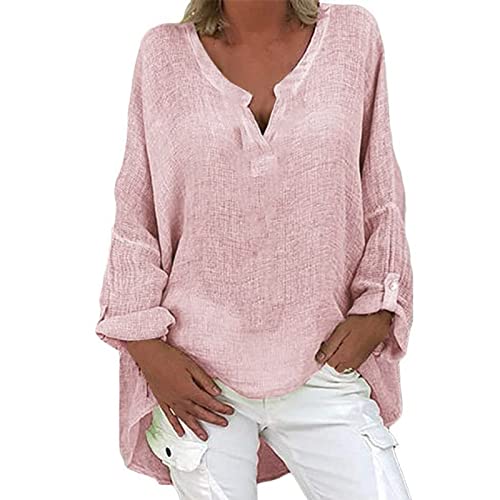 Alueeu Pullover Leinenbluse Damen V-Ausschnitt Große Größen Longbluse Damen Langarmshirt Leinen Baumwolle Hemd Oberteile Einfarbig Shirt Leinen Blusenshirt Lange Lässiges Tunika Damen Sommer, 01 Rosa von Alueeu