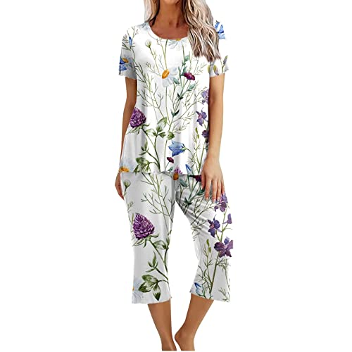 Alueeu Pyjama Set Damen Baumwolle Schlafanzug Zweiteiliger Lässige Oberteile und 7/8 Hosen Hausanzug Vintage Blumen Druck Pyjamahose und Shirt Casual Lose Nachtwäsche mit Taschen Sleepwear von Alueeu