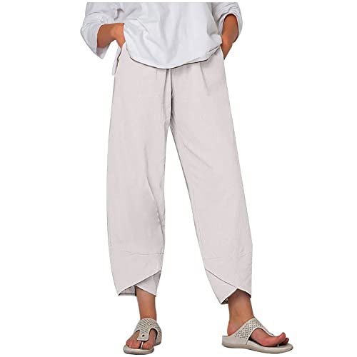 Sommerhose Damen, Locker Lässige 7/8 Hose mit Tasche Leinen Baumwolle Freizeithose Bequem Leinenhose Breites Bein Stoffhose High waisted Sommerhosen Frauen Sporthose Elegant Haushose Haremshose von Alueeu