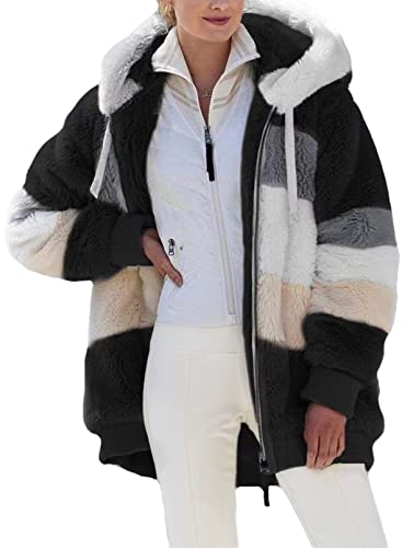 Teddy Fleecejacke Damen Warm 48 Xxl Outdoor Mit Kapuze Lang Schwarz Weiss Kapuzenjacke Herbst Winter Mantel Jacke Plüschmantel Flauschjacke Teddy Plüsch Jacken Winterjacke Wintermantel Plüschjacke von Alueeu