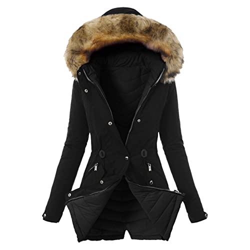 Winter Jacke Damen Frau Lange Women Schwarz Madchen mit Fell Lang Wintermantal Winterparka Damenmantel Parka Jacke Mantal Plüschjacke Fleecejackee Daunenjacke Übergangsjacke Daunenmantal Damenjacke von Alueeu