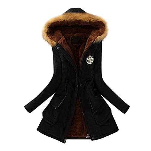 Winterjacke Damen Schwarz Warm Lang Grosse Grössen Schwarz Mit Kapuze Gefüttert Sale Laufjacke Damen Fleecejacke Skijacke Jacke Regenjacke Daunenjacke Steppjacke Damen-Jacken Sweatjacke Heizjacke von Alueeu