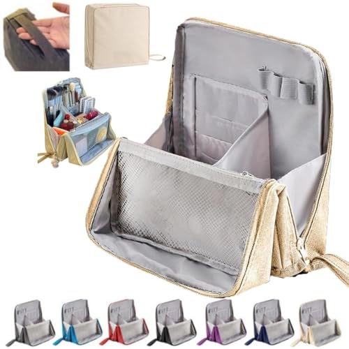 Vertikale Stehende Make-up-Tasche für Reisen, große Kapazität, Oxford-Kosmetik-Organizer mit Fächern, tragbare Aufbewahrungstasche für Toilettenartikel und Schreibwaren (grau), beige, 23 * 22 * 6.5 von Alula777