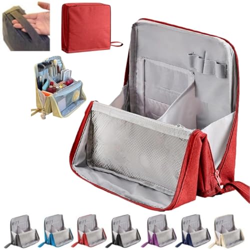 Vertikale Stehende Make-up-Tasche für Reisen, große Kapazität, Oxford-Kosmetik-Organizer mit Fächern, tragbare Aufbewahrungstasche für Toilettenartikel und Schreibwaren (grau), weinrot, 23 * 22 * 6.5 von Alula777