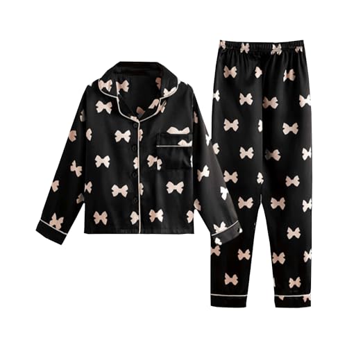 13–14 Jahre Kinder Kleinkind Mädchen Herbst Winter Pyjama Set Pyjama Oberteil Hose Satin Zweiteiliger Schlafanzug mit Schleife Aufdruck Nachtwäsche 160 Schwarz von Alunsito