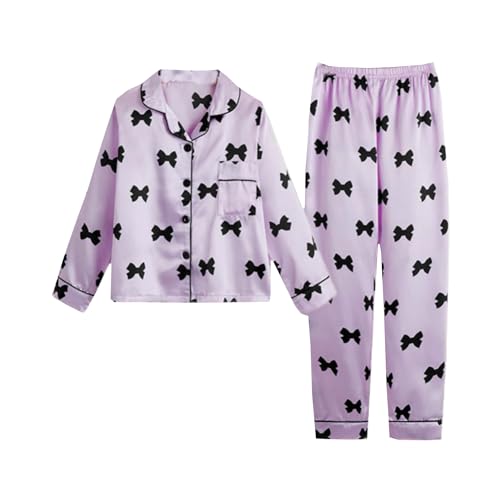 Alunsito 9–10 Jahre Kleinkinder Mädchen Jungen Kinder Seidensatin Pyjama Set Button Down Kleidung Langarm Loungewear Nachtwäsche PJS Outfits 140 Lila von Alunsito