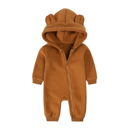 Alunsito Baby Junge Mädchen Fleece Kapuzenpulli mit Bärenohren Kapuzenpullover Overall Bodysuit Langarm Einteiler Kleidung 80 Dunkelbraun 9-12 Monate von Alunsito