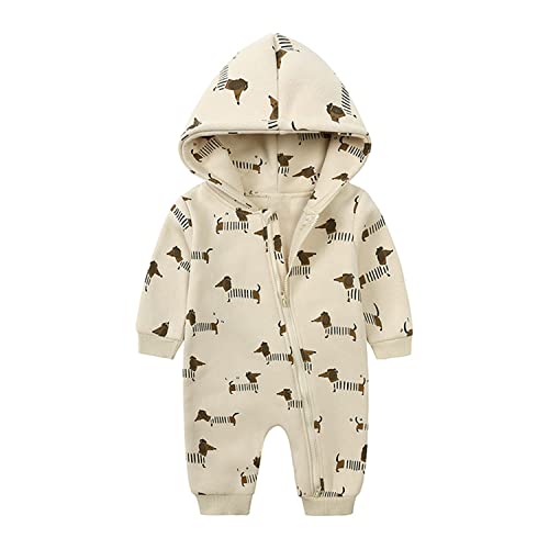 Alunsito Baby Junge Mädchen Winter Kapuzen Overall Cartoon Print Strampler Langarm Reißverschluss Body Warm Overalls Outwear 66 Khaki 3-6 Monate von Alunsito
