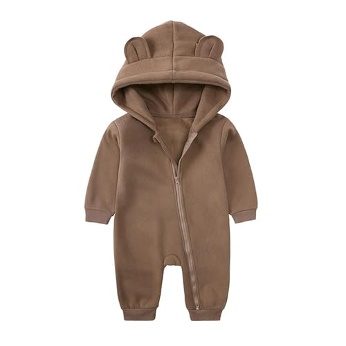 Alunsito Baby Jungen Mädchen Jumpsuit Bären Ohrhörer Hoodie Strampier Reißverschluss Langarm ein Stück Outfits warme Kleidung für Unisex 59 Brown 0-3 Monate von Alunsito