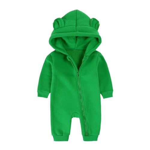 Alunsito Baby Jungen Mädchen Jumpsuit Bärenohr Kapuzenpullover Strampler Reißverschluss Langarm Einteilig Outfits Warme Kleidung für Unisex 66 Grasgrün 3-6 Monate von Alunsito