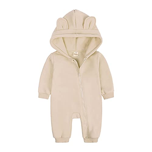 Alunsito Baby Jungen Mädchen Mit Kapuze Overall Solide Langarm Strampler Herbst Einteiliger Bodysuit Outfits Overall Beige 59 0-3 Monate von Alunsito