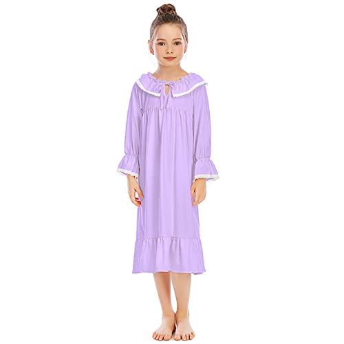 Alunsito Baby Kind Mädchen Nachthemd Langarm Prinzessin Pyjama Kleid Weiche Baumwolle Festes Nachthemd Sommer Herbst Kleidung Set Helllila 150 11-12 Jahre von Alunsito