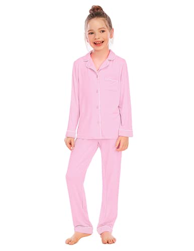 Alunsito Baby Kleine Mädchen Jungen Schlafanzug Set Baumwolle Langarm Nachtwäsche Button-Down Loungewear Hellrosa 150 11-12 Jahre von Alunsito