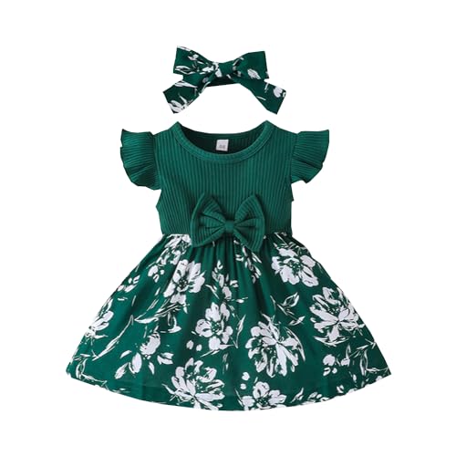 Alunsito Baby-Kleinkind-Herbstkleid mit Blumendruck Rüschen ärmelloses Kleidungskleid lässige Outfits für Mädchen Grün 18–24 Monate von Alunsito