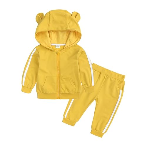 Alunsito Baby Mädchen Jungen Einfarbig Kleidung Set Langarm Hoodie Reißverschluss Top + Hose 2 Stück Sweatsuit Outfit, 90, Gelb, 12-18 Monate von Alunsito