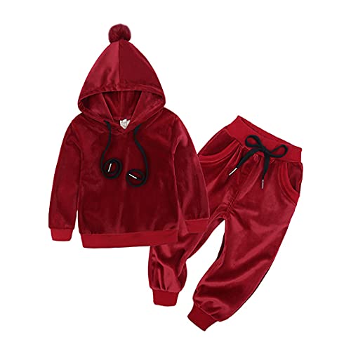 Alunsito Baby Mädchen Jungen Herbst Kleidung Langarm Pom Hoodies Top Samt Sweatshirts Hosen Trainingsanzug 2 Stück Set A-Rot1 80 9-12 Monate von Alunsito