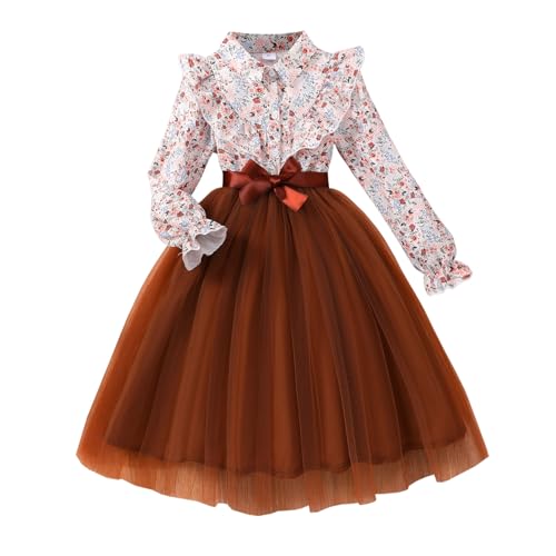Alunsito Baby Mädchen Kleider Rüschen Langarm Tutu Kleid Blumen Tüll Kleid Kleine Mädchen Party Geburtstag Prinzessin Kleider Braun 7-8 Jahre von Alunsito