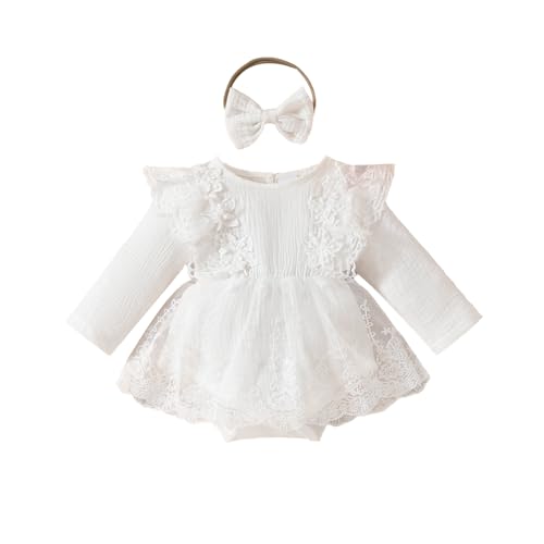 Alunsito Baby Mädchen Tüllkleid Strampler Langarm Blumen-Body Tutu Kleid Neugeborene Netz Prinzessin Kleidung Outfits A Weiß 0-3 Monate von Alunsito