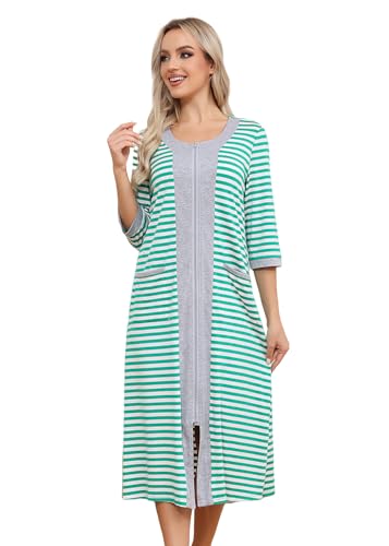 Alunsito Bademantel mit Reißverschluss vorne 3/4-Ärmel Loungewear Kleid volle Länge Nachtwäsche Hausmantel Nachthemd Langer Bademantel Schlafkleid XXL Streifen Grün von Alunsito