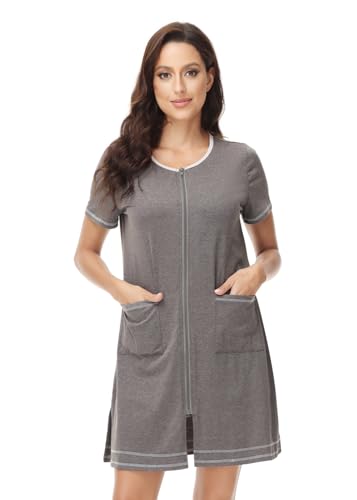 Alunsito Damen-Hauskleid mit Reißverschluss vorne einfarbig kurzärmelig Loungewear Sommer-Nachthemd mit Tasche Grau Medium von Alunsito
