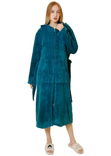 Alunsito Damen-Hausmantel mit Reißverschluss Fleece-Robe mit Reißverschluss vorne Bademantel Plüsch Warmer Reißverschluss Hausmantel Liegestuhl mit Taschen Damen Grün XX-Large von Alunsito