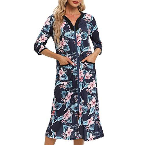 Alunsito Damen-Nachthemd Reißverschluss Schlafshirt 3/4-Ärmel Nachthemd V-Ausschnitt Nachtwäsche Bedruckt Pyjama Frühling Sommer Hausmantel mit Taschen Blau Groß von Alunsito