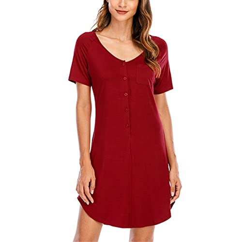 Alunsito Damen Nachthemd Volltonfarbe Kurzarm Nachthemd Nachthemd Boyfriend Button Down Schlafanzug Loungewear Nachtwäsche Rot S von Alunsito