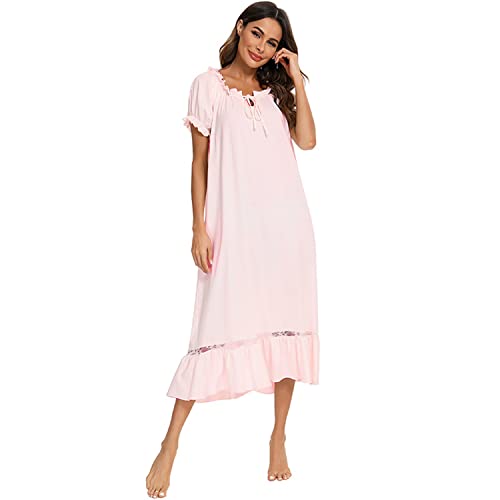 Alunsito Damen Nachthemd aus Baumwolle einfarbig kurzärmlig Nachtwäsche Vintage viktorianisches Nachthemd Spitze Lounge Kleid Pyjama Rosa groß von Alunsito