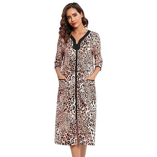 Alunsito Damen-Nachthemd mit Reißverschluss 3/4-Ärmel Nachthemd V-Ausschnitt einfarbig Pyjama Lange Loungewear Frühlings-Herbst-Schlafkleid mit Taschen Leopard Groß von Alunsito
