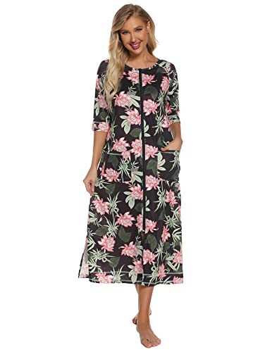 Alunsito Damen Nachtkleid mit Blumendruck kurzärmeliges Schlafkleid Hauskleid mit Rundhalsausschnitt Lounge Kleid mit Reißverschluss Sommer Herbst Pyjama Kleid Rosa Grün X Groß von Alunsito