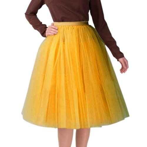 Alunsito Damen Plissee Tüll Maxirock Knöchellang Elastisch Hohe Taille A-Line Einfarbig Chiffon Petticoat Gelb M von Alunsito