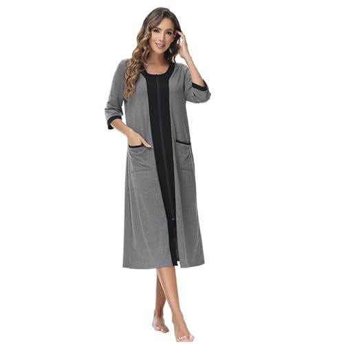 Alunsito Damen-Robe mit Reißverschluss 3/4-Ärmel Loungewear-Kleid Ganzkörper-Nachtwäsche Farbblock-Hausmantel Nachthemd Langer Bademantel Größe XXL Grau von Alunsito