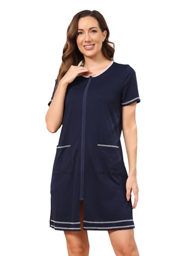 Alunsito Damen-Roben mit Reißverschluss vorne Leichter Hausmantel Nachthemd mit Reißverschluss Damen-Nachtwäsche mit Leopardenmuster kurzärmelig Dunkelblau Größe XX-Large von Alunsito