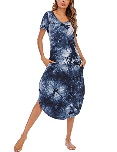 Alunsito Damen Tie Dye Pyjama Robe Kurzarm Nachthemd Weiche Nachtwäsche Sommer Hausmantel Baumwolle Home Dress Pocket Lounge Dress Marineblau Medium von Alunsito