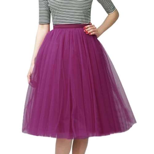 Alunsito Damen Tüllrock A-Linie Maxiröcke Feste Farbe Elastische Taille Maxiröcke für Frauen Lila Rot XL von Alunsito