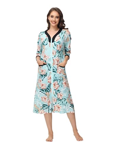 Alunsito Damenkleid mit Reißverschluss vorne House Coat 3/4 Ärmel Nightgown Floral Sleepwear Damen Full Length Lounge Kleid mit Taschen, Armee grün, 46 von Alunsito