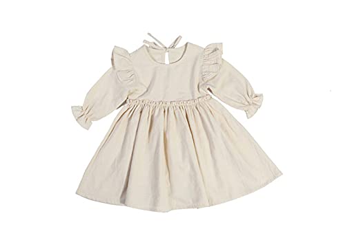 Alunsito Einfarbiges Kleid für kleine Mädchen Kleinkind-Langarmrock Rüschen Fliegenärmel Baumwollkleid 90 Beige 2–3 Jahre von Alunsito