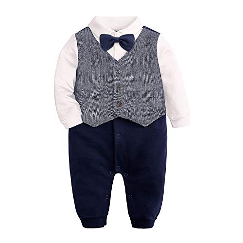 Alunsito Einteiliger Gentleman-Kleidung für Neugeborene langärmeliger Strampler Baby-Jungen-Gentleman-formeller Body mit Fliege Grau + Blau 3–6 Monate von Alunsito