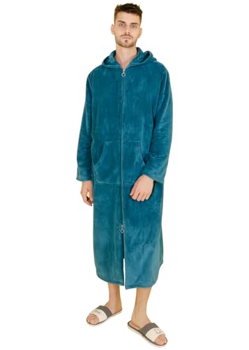 Alunsito Herren Flanell-Bademäntel mit Reißverschluss weich warm lang Fleece mit Kapuze Plüsch-Robe Hausmäntel Nachthemd Nachtwäsche Mann Grün X-Large von Alunsito