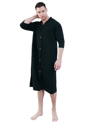 Alunsito Herren-Hausmantel mit Knöpfen Waffelmuster Leichter Bademantel Kurze Ärmel Loungewear-Nachthemden mit Taschen Herren Schwarz Größe M von Alunsito