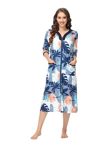 Alunsito Housecoat Frauen Reißverschluss Front Robe halbe Ärmel Bademantel voller Länge Loungewear Blumendruck Schlaf Kleid weiches Nachthemd mit Taschen, grau, groß von Alunsito