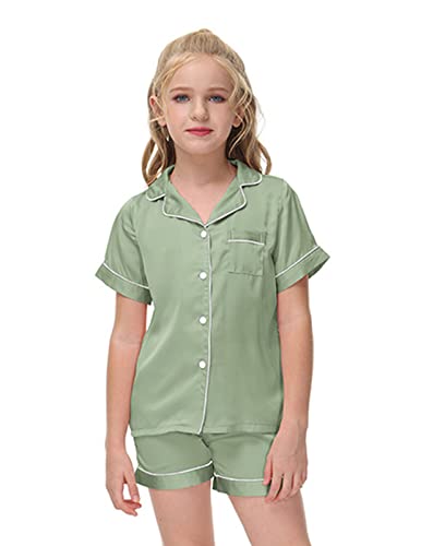 Alunsito Kid Girls Jungen Seiden Satin Pyjamas Set Button-Down PJS Sets Zweiteilige Lounge-Sets Kurzarm Sommer Herbst Nachtwäsche 160 Grün 13-14 Jahre von Alunsito