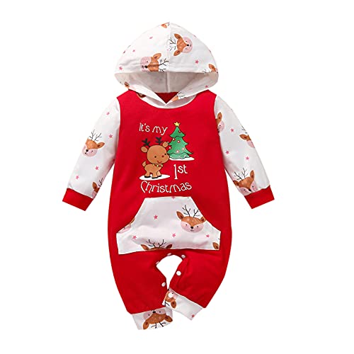 Alunsito Kinder Baby Boy Girl My 1st Christmas Outfit Weihnachtsbaum Hoodie Strampler Overall Langarm Kleidung Rot 90 6-9 Monate von Alunsito