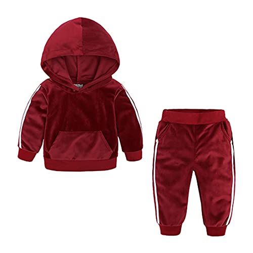 Alunsito Kinder Baby Jungen Mädchen Feste Kleidung Langarm Hoodie Sweatshirt Tops Elastische Taille Hosen 2 Stück Outfit B-Rot 130 4-5 Jahre von Alunsito