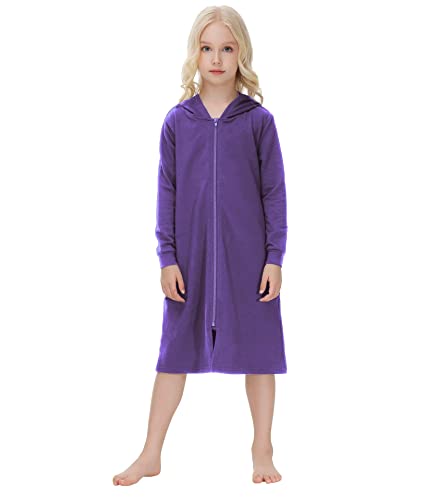 Alunsito Kinder Baby Jungen Mädchen Hausmantel mit Reißverschluss einfarbig langärmelig Bademantel knielang Kapuzenpullover Nachthemd Nachtwäsche mit Taschen 160 Lila 13–14 Jahre von Alunsito