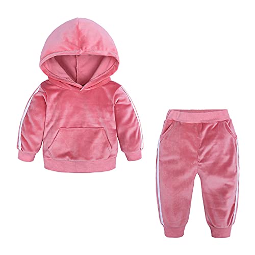 Alunsito Kinder Baby Mädchen Jungen Langarm Sweatshirt Hoodie Tops Hosen Samt Herbst Winter Trainingsanzug Outfit Set B-Rosa 90 12-18 Monate von Alunsito