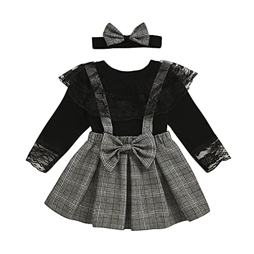 Alunsito Kinder Baby Mädchen Kleidung Outfits Langarm Top Overalls Kariertes Trägerkleid Frühling Herbst Set 100 Schwarz 2-3 Jahre von Alunsito